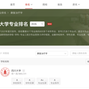 四川大学华西临床医学院康复治疗学专业在软科中国大学专业排名中获评全国第一